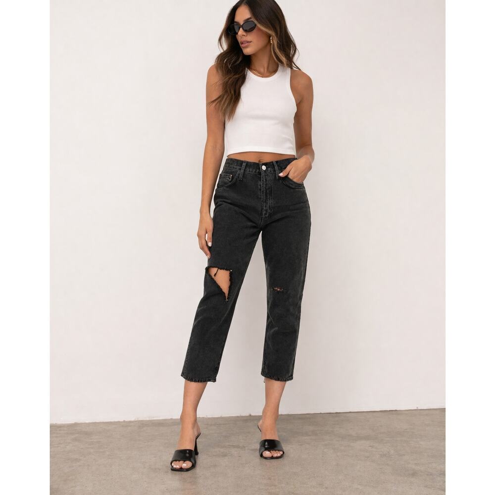 NWT AGOLDE Riley High Rise Distressed Crop Jeans 29 Black Raw Hem Straight